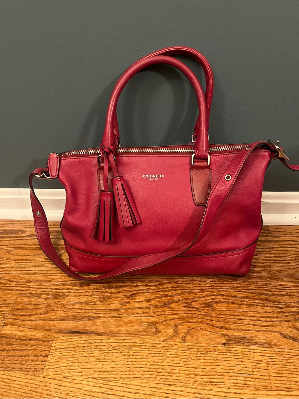 Coach Pink-Red Leather Shoulder Satchel with Tassel 21132